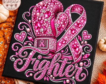 Glitter Pink Ribbon Fighter PNG, Rhinestone Breast Cancer Awareness (Digital Download)