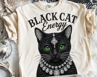 黒猫のエネルギーPNG、グラム猫PNG、ラインストーン猫PNG、ファッション猫デザイン、デジタルダウンロード