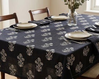 Black Block Print Tablecloth, French Table Cover, Boho Spring Floral Wedding Rectangle/Round/Square Table Decor,Npkin/Placemat/Runner Cover
