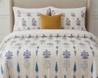 Couette kantha imprimée main, couvre-lit kantha en coton, courtepointe indienne faite main, literie bohème, couverture imprimée bloc floral, kantha réversible