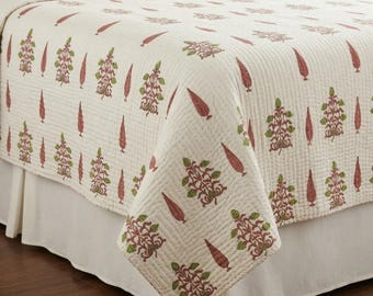 Couvre-lit en coton imprimé blocs kantha cousu main, couverture indienne réversible faite main, jeté de lit bohème