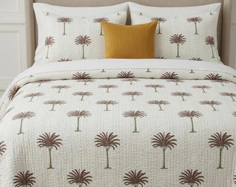 Couette indienne en kantha, imprimé palmier, couverture réversible en coton, couvre-lit bohème, jeté kantha fait main, couette d'été légère