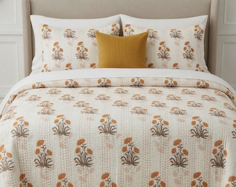 Édredon kantha imprimé blocs de main, couvre-lit réversible en coton, couverture indienne bohème