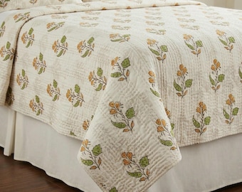 Courtepointe kantha imprimée au bloc à main : couvre-lit fait main floral bohème