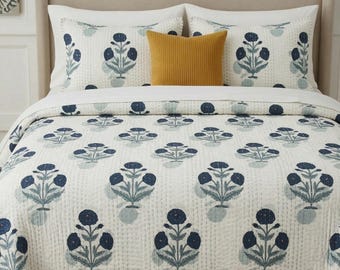 Couette kantha en coton imprimé blocs de main, literie bohème réversible, couverture indienne florale