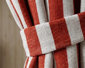 Neutral Linen Stripe Curtain, Farmhouse Window Panel, Rustic Striped Curtain, Custom Linen Curtain, Modern Home Decor Drapes