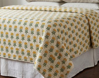 Hand Block Print Cotton Kantha Quilt: Marigold Motif Handmade Reversible Bedspread Bedcover Throw Blanket 60*90 Inches