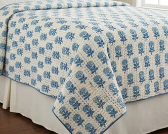 Hand Block Print Kantha Quilt, Indian Cotton Bedding, Reversible Boho Floral Blanket
