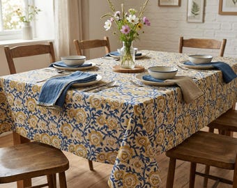 Nappe carrée/rectangle/ronde imprimée en bloc 100 % coton avec serviette de table/napperon/chemin de table, décoration de table bohème faite main