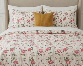 Edredón floral con estampado de bloques a mano, cubrecama de algodón indio, ropa de cama bohemia blanca, edredón Kantha reversible, cubrecama hecho a mano tamaño Queen/King