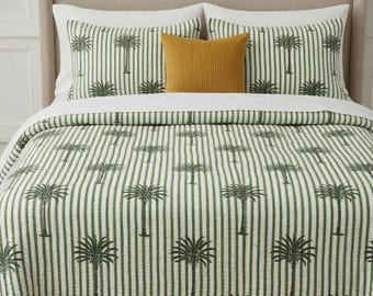 Couette kantha imprimé palmiers rayures main, couvre-lit kantha en coton, couverture kantha main, couette réversible
