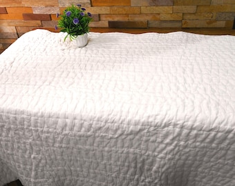 Solid White Cotton Kantha Quilt, Hand Stitched Reversible Coverlet 60*90" Inch