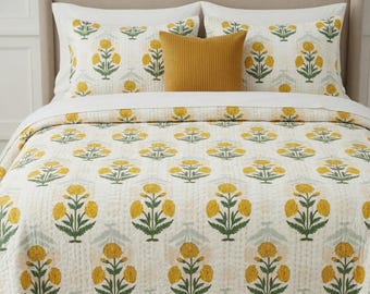 Couvre-lit en coton à imprimé floral fait main Kantha, couverture réversible indienne, jeté de literie bohème, courtepointe Kantha vintage