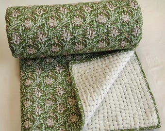 Green Floral Kantha Quilt - Hand Block Print Cotton Reversible Indian Boho Bedding Queen King Size