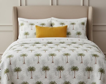 Kantha Quilt Boho Bedspread, Palm Tree Hand Block Print Blanket, Queen/King Size Bedding, Throw for Sofa & Bed, Handmade Decor Gift