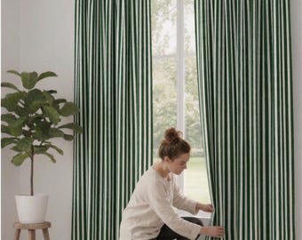 Striped Linen Curtain Panel, Green Stripe Hand Block Print Curtain,Farmhouse Window Curtain, Linen Blen Drapes, Custom Size Window Treatment