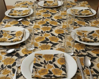 Nappe rectangulaire en coton imprimée bloc à main, nappe florale pour table à manger, décoration de table à manger champêtre, serviette de table/napperon/chemin de table