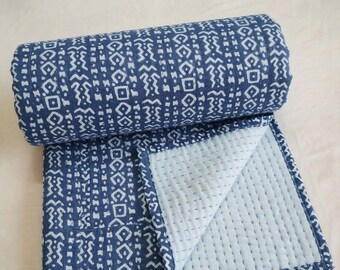 Edredón Indigo Kantha: colcha de algodón con estampado de bloques indios hecha a mano