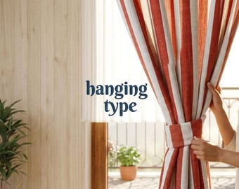 Red Stripe Hand Block Print Linen Curtain Panel, Farmhouse Window Drapes (Custom Size)