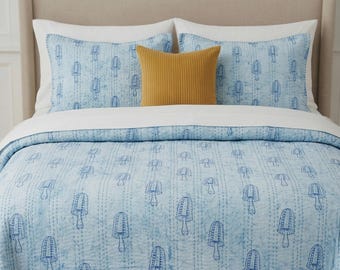 Edredón Kantha reversible con estampado de bloques indios: Edredón Kantha de algodón cosido a mano, colcha bohemia hecha a mano, edredón Jaipuri