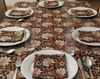 Nappe ronde et rectangulaire en coton imprimée bloc : napperon floral noir, design Rajasthani avec serviettes
