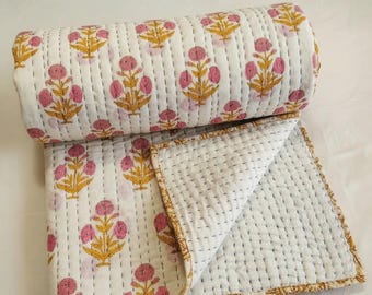 Couette kantha en coton imprimé bloc à la main, couverture réversible kantha, couvre-lit indien fait main, couette couvre-lit bohème