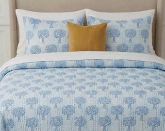 Edredón Kantha de algodón hecho a mano, cubrecama con estampado de bloques, edredón reversible indio, manta Kantha floral, manta decorativa para el hogar estilo bohemio