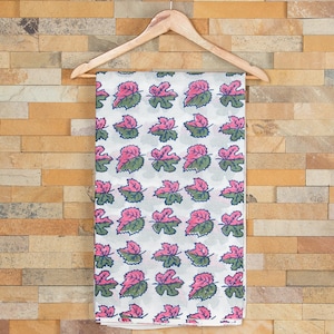 Natural Hand Block Printed Cotton Fabric – Pink & Green Leaf Design Clothing Fabric | 100% Cotton Dress Sewing Fabric by the Yard