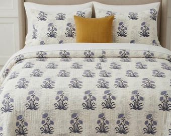 Édredon kantha en coton imprimé bloc à la main, couvre-lit indien réversible, couette bohème faite main, literie florale, couverture d'été légère