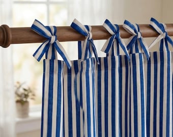 Blue Stripe Linen Curtains, Hand Block Print, Custom Size, Natural Linen Curtain Panel