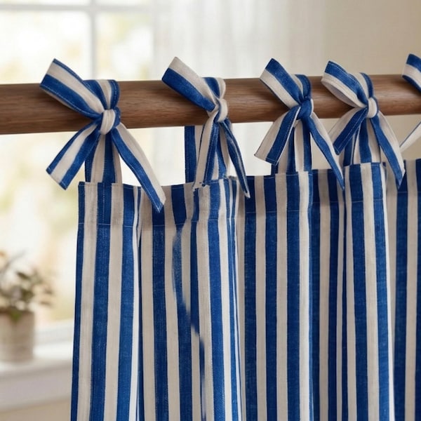 Blue Stripe Linen Curtains, Hand Block Print, Custom Size, Natural Linen Curtain Panel