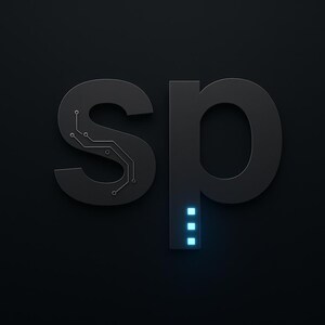 May include: A dark gray logo featuring the letters "SP". The letter "S" has a circuit board design, and the letter "p" has three glowing blue squares. The background is a solid black.