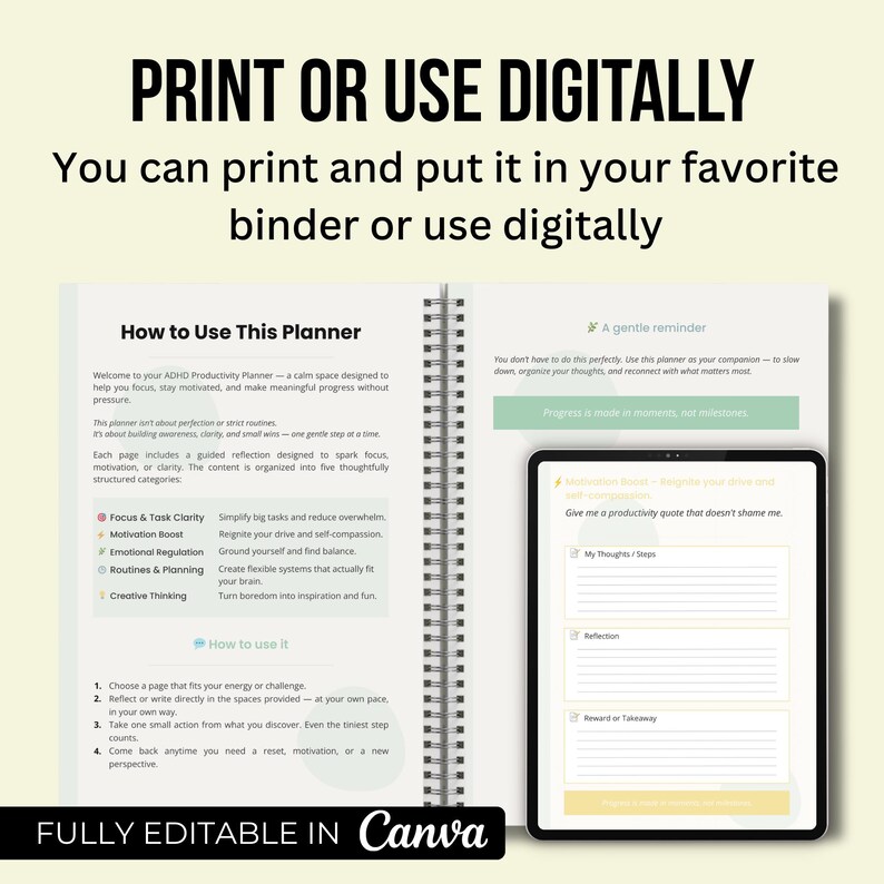ADHD Productivity Planner | Printable PDF + Canva Editable Template ...
