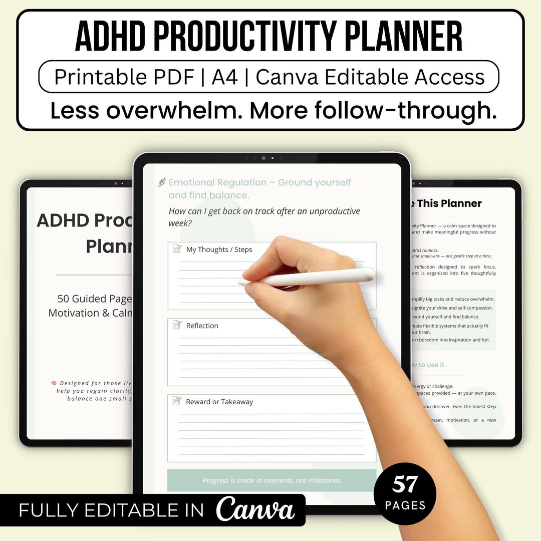 ADHD Productivity Planner | Printable PDF + Canva Editable Template ...