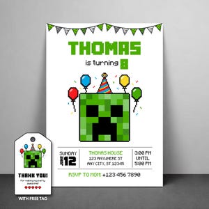 Invitación de cumpleaños de Pixel Creeper, invitación para fiesta de videojuegos con temática de bloques, plantilla editable de Canva, descarga digital de 5x7 pulgadas.