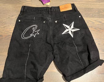 Corteiz C-Star Denim Shorts 'Black' Size L Rare Streetwear Baggy Logo Patch
