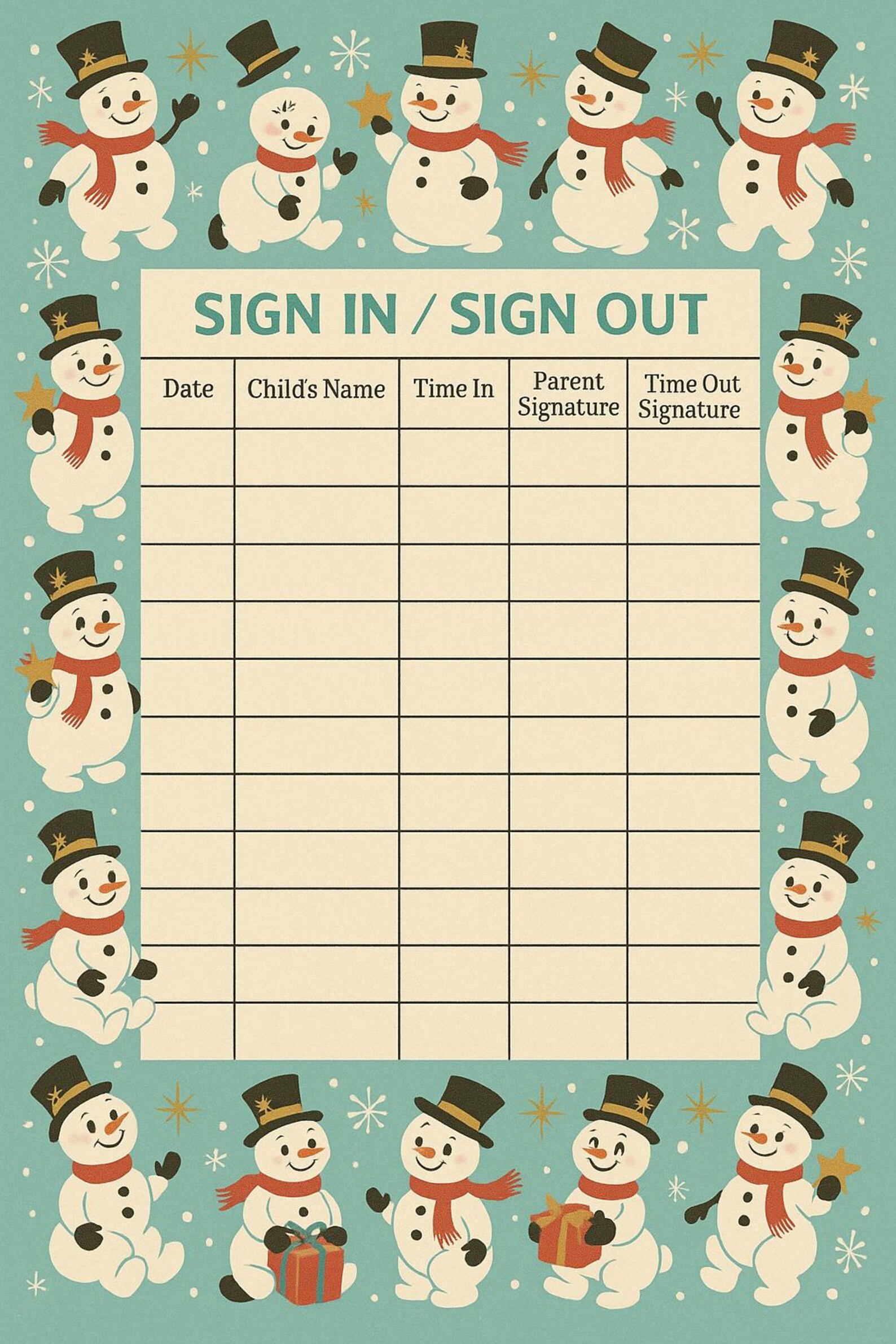 Cute Retro 50's Snowman Sign in and Out Attendance Form Sheet for ...