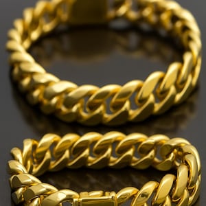 14K Yellow Gold Plated Miami Cuban Link Bracelet Solid 925 Sterling Silver Bold Heavy Men&#39;s Hip Hop Chain Bracelet by PARILAFABCART