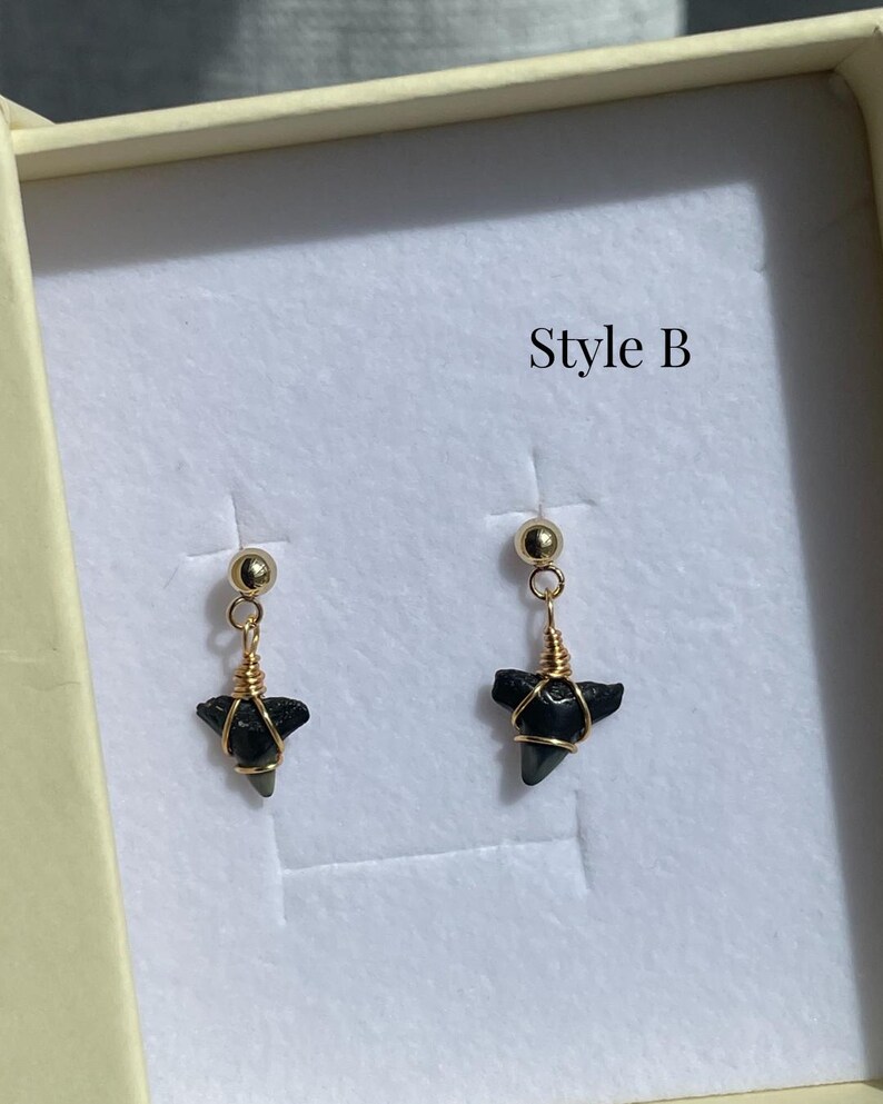 May include: A pair of gold-colored earrings with black, triangular pendants, possibly shark teeth. The earrings are displayed in a light-colored box, with the text "Style B" visible.