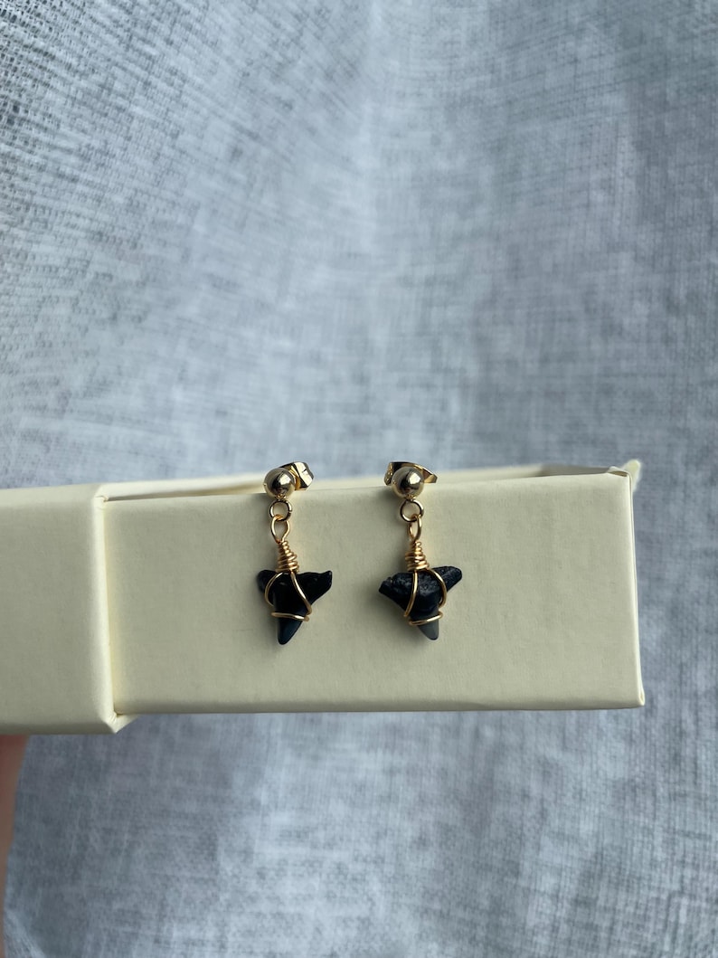 May include: A pair of gold-colored stud earrings with small, dark gray, shark tooth-shaped pendants. The pendants are wrapped in gold wire and hang from the studs. The earrings are displayed on a light-colored box.