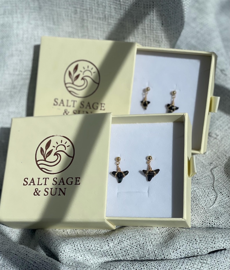 May include: Two pairs of earrings in open cream-colored boxes. The earrings have gold-colored posts and wires, with black, triangular-shaped stones. The boxes are labeled "SALT SAGE & SUN" and "SALT SAGE & OLIVE" with a logo of a wave, sun, and leaves.