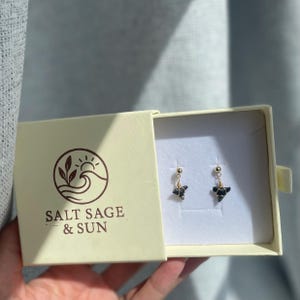 May include: A pair of gold-colored earrings with black triangular pendants, displayed in an open cream-colored box. The box has the text "SALT SAGE & SUN" and a logo. The earrings are on a white background.