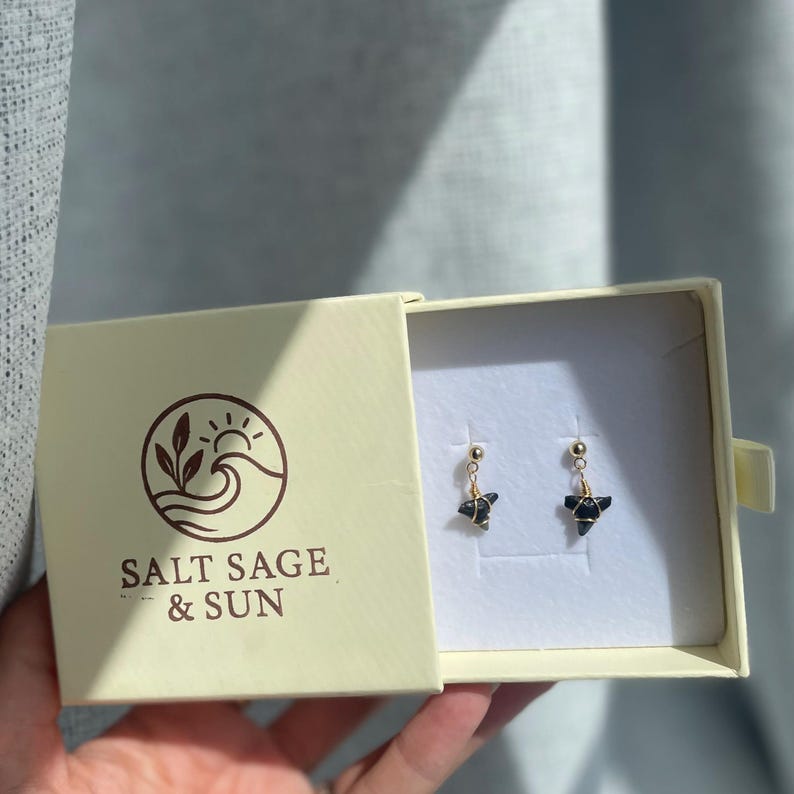 May include: A pair of gold-colored earrings with black triangular pendants, displayed in an open cream-colored box. The box has the text "SALT SAGE & SUN" and a logo. The earrings are on a white background.