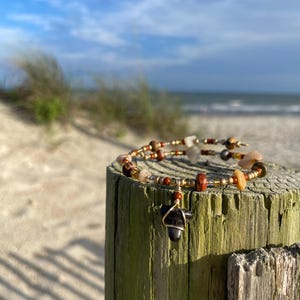 shark tooth bracelet, beaded fossilized shark tooth bangle, hand wrapped shark tooth bracelet