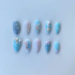 Long Almond Ocean Theme Press On Nails | Blue & White Seashell Design | Reusable Acrylic Nails