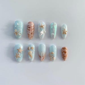 Long Almond Ocean Theme Press On Nails | Blue & White Seashell Design | Reusable Acrylic Nails