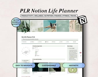 Planejador de Vida PLR Notion | Organizador de Vida Digital Editável | Modelo Notion para Diário, Semanal, Metas e Hábitos | Uso Comercial
