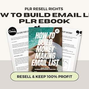 May include: An ebook cover titled "How to Build Money Making Email List" with a turquoise background and a person in the water. The ebook is surrounded by pages with text. The text "Resell & Keep 100% Profit" is at the bottom.