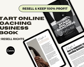 May include: Image of a digital product advertisement. The text reads "Start Online Coaching Business Ebook" and "Resell & Keep 100% Profit." The ebook is displayed on three tablets, with the Canva logo in the bottom left corner.