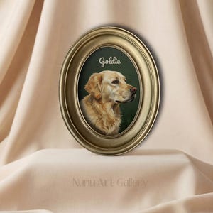 額入りゴールデンレトリバーの芸術的な油絵肖像画 | アンティークな犬のアートプリント | ロマンチックなコテージコアペットデコレーション | 名前入りオプション